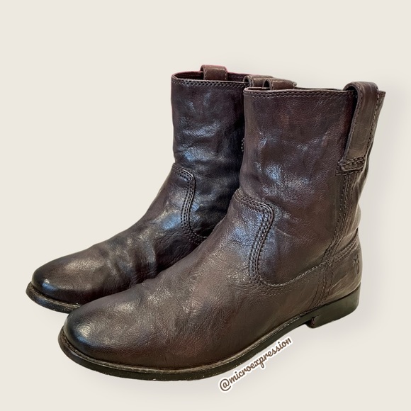 $360 Frye Anna Short Dark Brown Genuine Leather Pull On Comfy Daily Ankle Boots - Picture 10 of 14